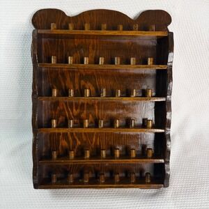 Vintage Wood Thimble Display Rack Wall Hanging 42 Pegs Scalloped Edge Dark Brown